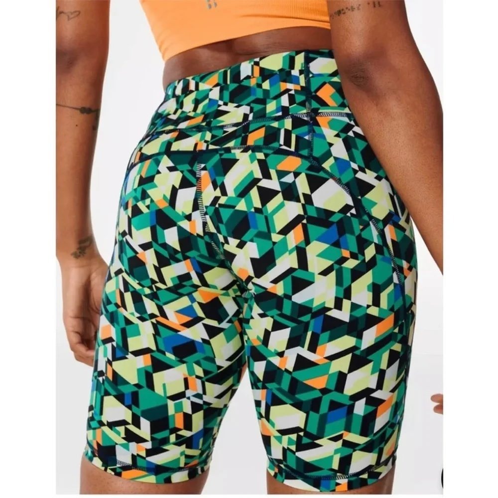Sweaty Betty Multi-Color Geometric Bike Shorts - Green/Yellow/Blue - Picture 2 of 6
